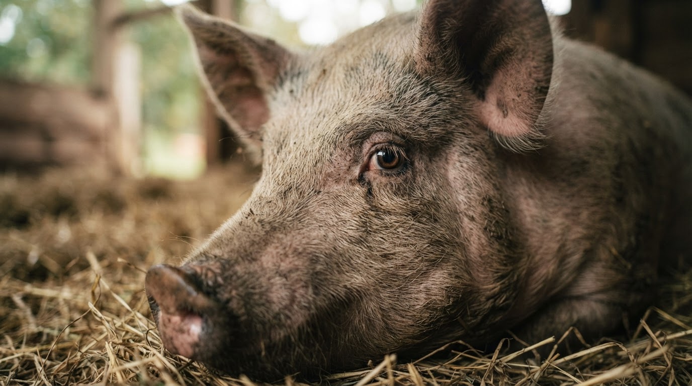 Schweineauge Nahaufnahme in einem Tierschutzgebiet, das die Intelligenz und Neugier der Tiere zeigt.