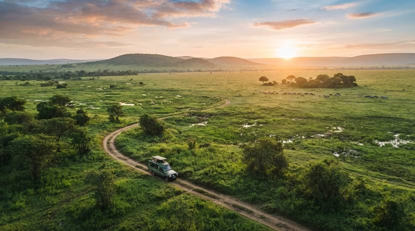 Picha ya angani ya Hifadhi ya Serengeti Tanzania ikionyesha mazingira safi na gari dogo lisilohifadhiwa la safari kwa utali endelevu.
