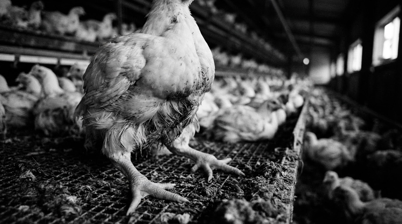 日本の工場式農場で飼育される、急速成長遺伝子選別を受けたブロイラー鶏の脚に焦点を当てた写真、動物福祉の問題を提起しています。