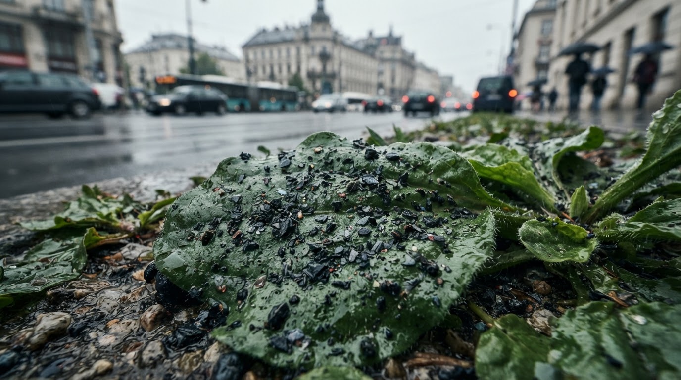 Makro fotografia mikroplastiku z opon na roślinie w deszczu, przy ruchliwej polskiej drodze.
