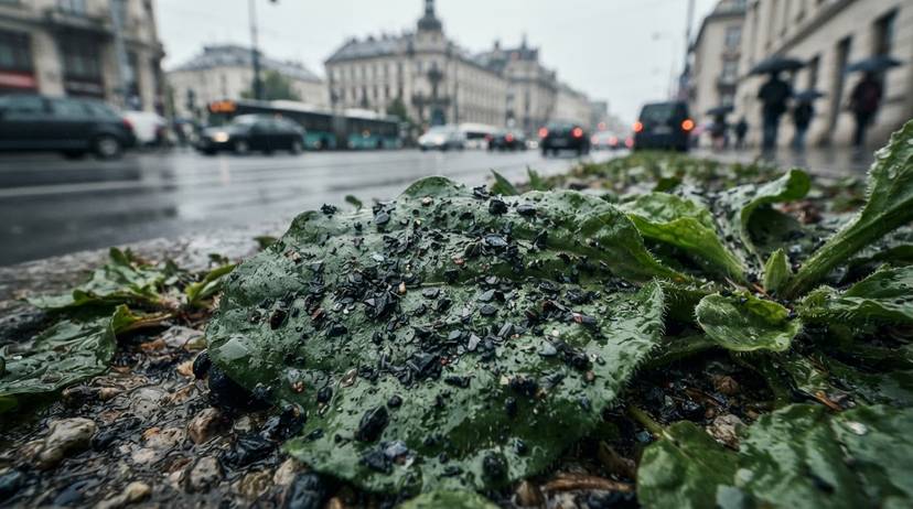Makro fotografia mikroplastiku z opon na roślinie w deszczu, przy ruchliwej polskiej drodze.