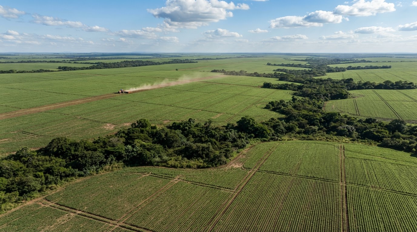 Campi di soia nel Cerrado brasiliano, deforestazione agricola per la produzione di mangimi animali.