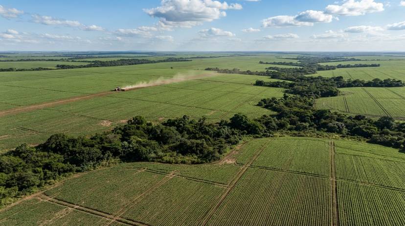 Campi di soia nel Cerrado brasiliano, deforestazione agricola per la produzione di mangimi animali.