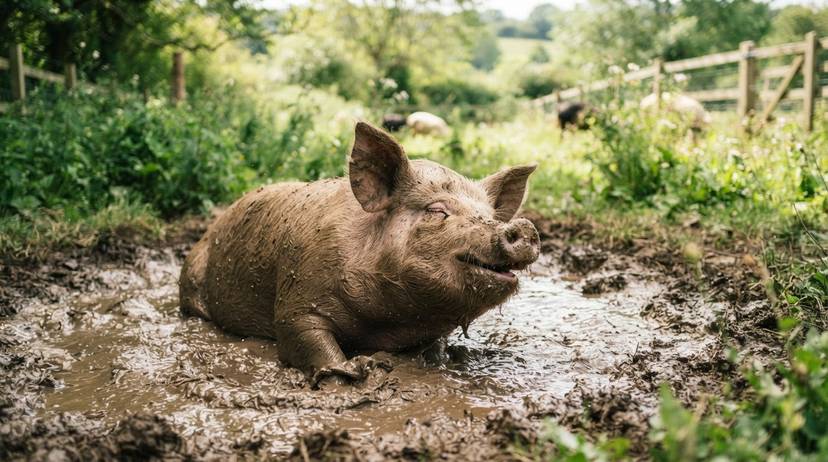 Babi dewasa yang gembira berguling di lumpur di tempat perlindungan, menunjukkan kognisi babi dan kehidupan sosial.