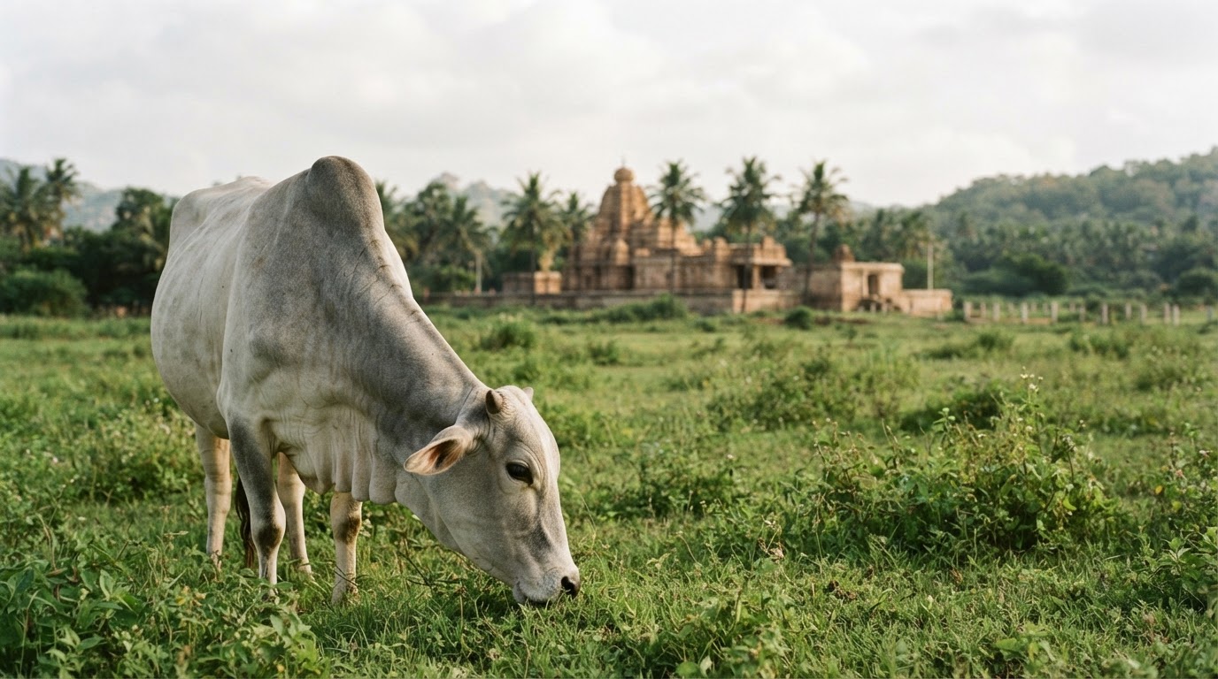 भारत में अहिंसक अर्थव्यवस्था को दर्शाते हुए हरी-भरी चारागाह में गाय और मंदिर