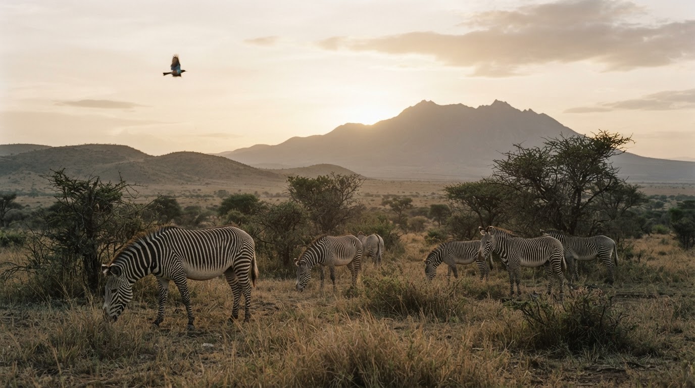Farasi wa Milima ya Grevy, spishi hatarini ya wanyamapori Tanzania, wakichungwa msituni.