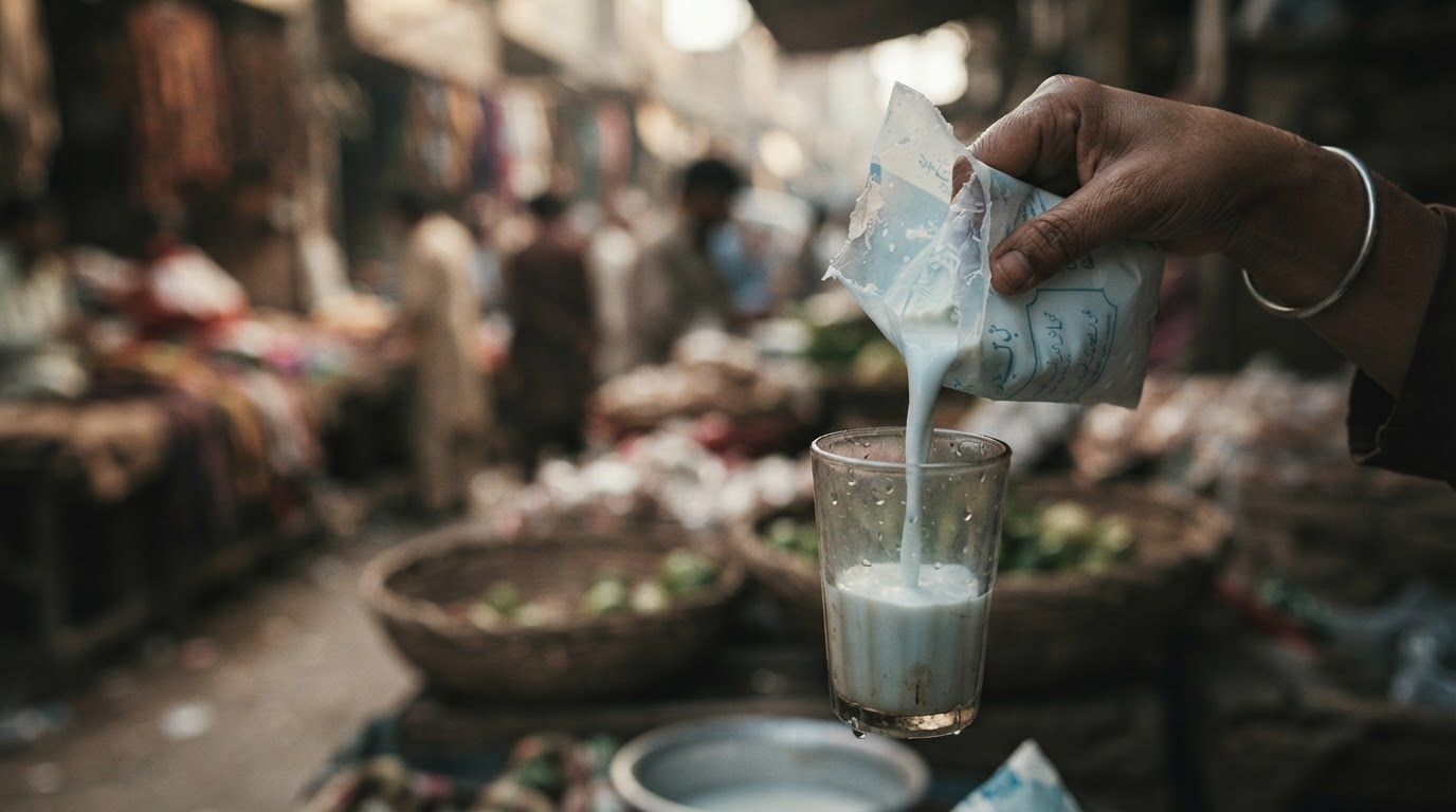 پاکستانی ڈیری مصنوعات میں ملاوٹ کے مسئلے کو ظاہر کرتے ہوئے دودھ ڈالتا ہوا ہاتھ۔