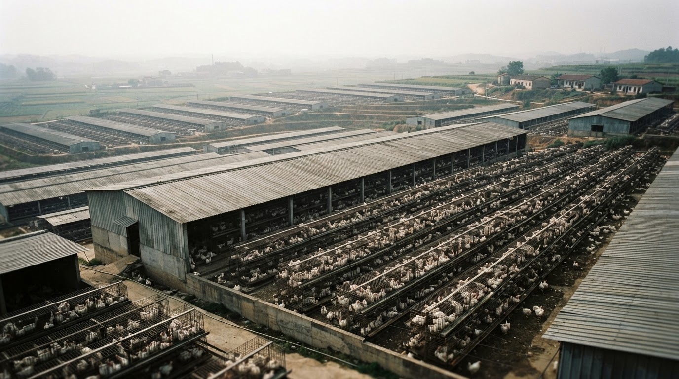 中国大型家禽笼养农场,密集排列的鸡笼,展示动物福利挑战