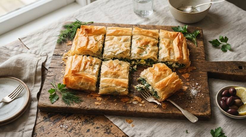 Χρυσή βίγκαν σπανακόπιτα με σπανάκι και μυρωδικά, κομμένη σε φέτες, με φρέσκο άνηθο σε ξύλινη επιφάνεια.