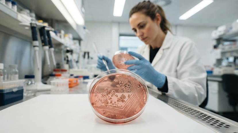 Nahaufnahme einer Petrischale mit kultiviertem Hühnerfleisch im Labor, ein Symbol für die Zukunft der Lebensmitteltechnologie.
