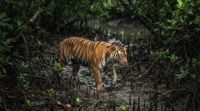 ঘন ম্যানগ্রোভ বনে ক্যামেরা ট্র্যাপে ধরা পড়া একটি বেঙ্গল টাইগার, বন্যপ্রাণী পাচার রোধে জরুরি সুরক্ষার প্রতীক।