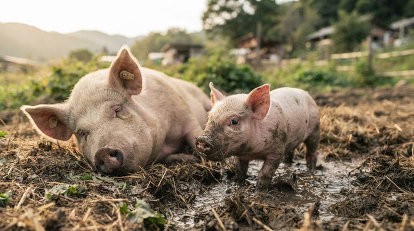 日本の養豚場で尾の切断されていない子豚たちが自由に動き回る、動物福祉を重視した健康的な環境