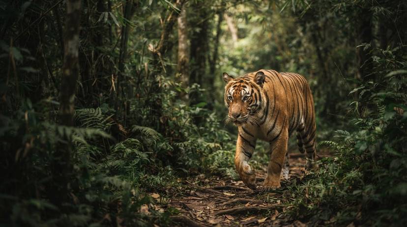 เสือโคร่งในป่าทึบของประเทศไทย แสดงถึงความหลากหลายทางชีวภาพที่ถูกคุกคามจากการล่าสัตว์เพื่อโทรฟี่