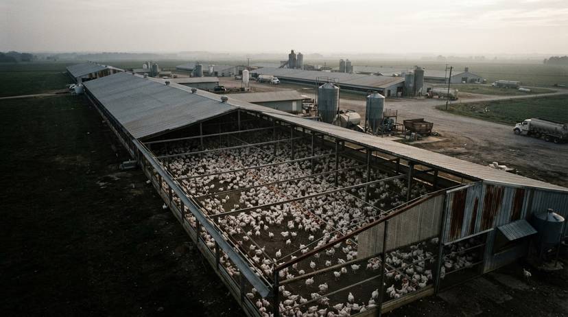 工場畜産における過密な鶏舎の俯瞰図。病原体が蔓延するリスクを示す。