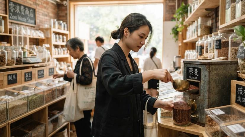 中国城市零浪费商店,展示散装谷物、香料和顾客使用可重复使用容器购物的场景。