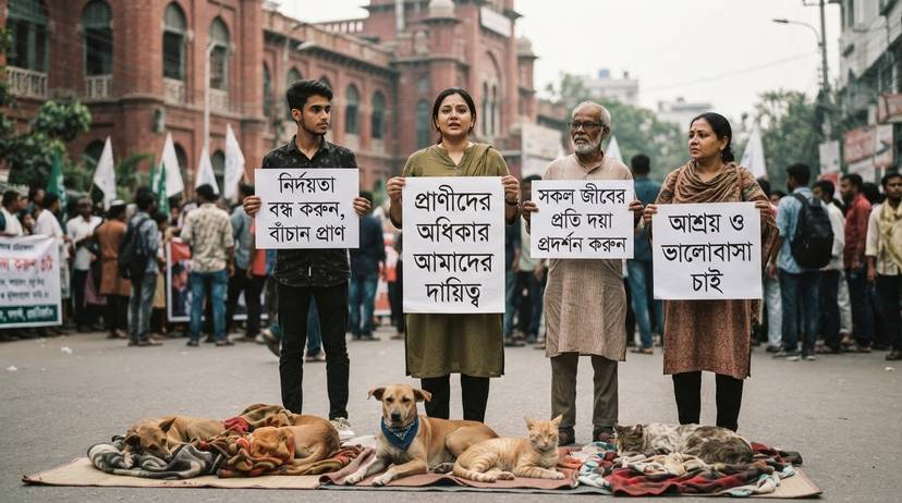 বাংলাদেশের প্রাণী অধিকার কর্মী ও আন্দোলনকারীরা ঢাকাতে একটি শান্তিপূর্ণ প্রতিবাদ মিছিলে