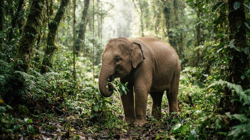 Anak gajah Asia yang bebas dan sihat di hutan hujan tropika Malaysia, melambangkan kebebasan gajah.