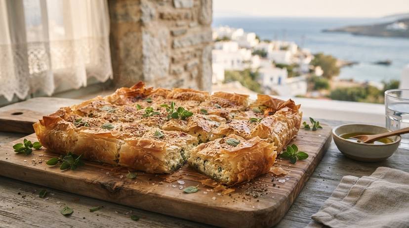 Χρυσαφένια βίγκαν ελληνική τυρόπιτα με φυτικό τυρί φέτα, σερβιρισμένη σε ξύλινη επιφάνεια.