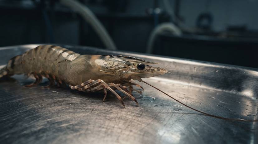 Gambero tigre in vasca di allevamento intensivo, evidenziando le condizioni precarie nella gambericoltura italiana.