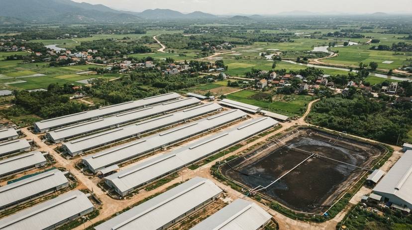 Hình ảnh trên không về một trang trại chăn nuôi công nghiệp quy mô lớn ở Việt Nam, thể hiện rõ lịch sử chăn nuôi thâm canh và tác động môi trường.