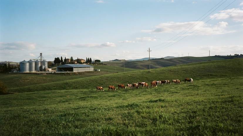 Un pascolo verde nel nord Italia con mucche che pascolano, simboleggiando il mito della carne bovina 'climate-neutral' nel contesto agricolo italiano.