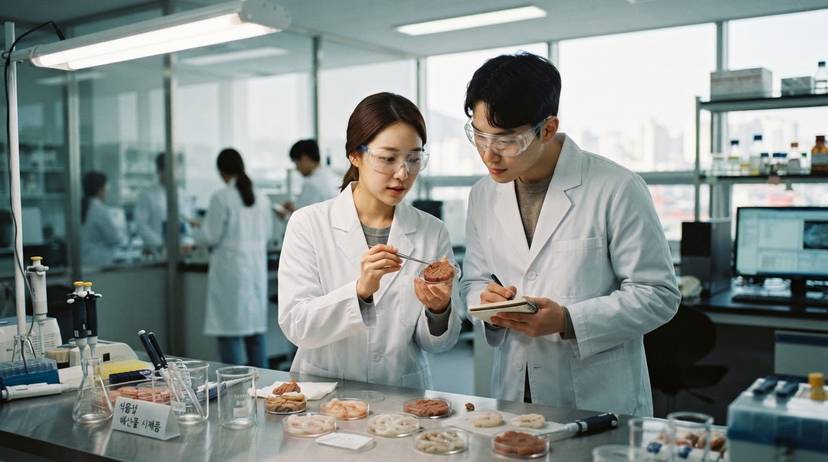 부산의 한 연구소에서 식물성 해산물 프로토타입을 연구하는 과학자들