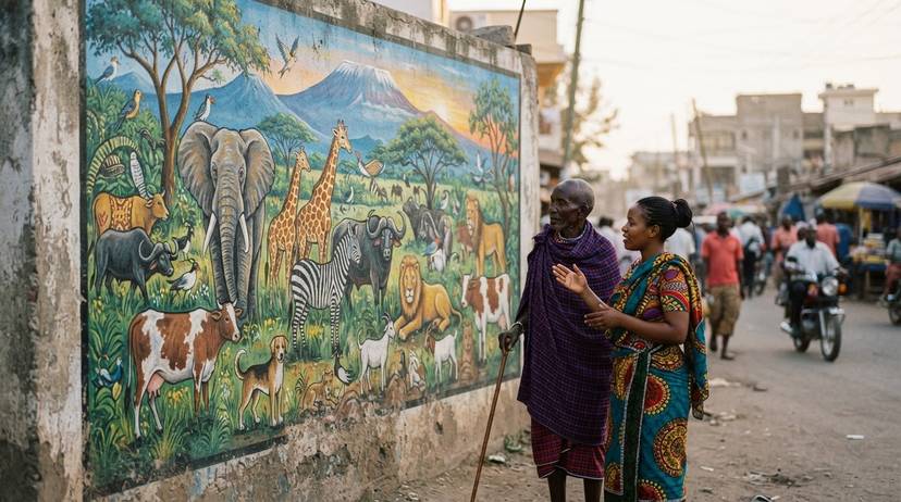 Mural ya ulinzi wa wanyama Arusha, ikionyesha ushirikiano wa jamii na viumbe wote
