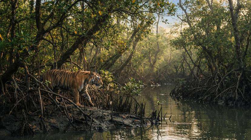 বাংলাদেশে বন উজাড় রোধে সুন্দরবনের ঘন ম্যানগ্রোভ বনের ছবি, যেখানে বন্যপ্রাণী ও বাস্তুতন্ত্রের গুরুত্ব তুলে ধরা হয়েছে।
