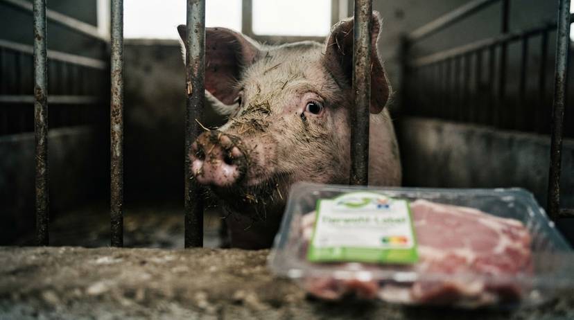 Ein Schwein hinter Gitterstäben mit einem unscharfen Tierwohl-Siegel im Vordergrund, das irreführende Tierwohl-Mythen symbolisiert.