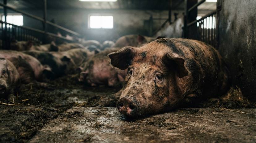 Schokkende undercoverbeelden van een varken dat lijdt in een Nederlandse varkensboerderij, symbolisch voor het dierenleed.