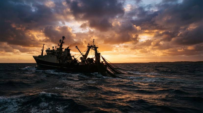 Duży trawler rybacki, sieć rybacka, przełowienie, zachód słońca, industrialne rybołówstwo, polskie morze