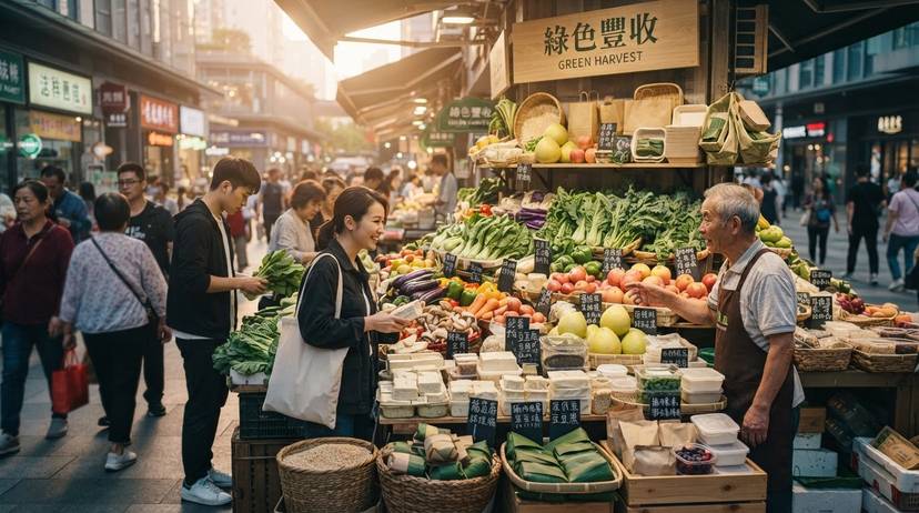 中国城市市场上的新鲜蔬果,展示可持续植物性饮食的丰富选择。