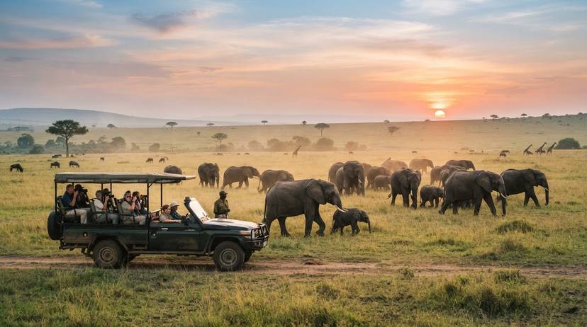 Watalii wakishuhudia tembo porini, mfano wa utalii endelevu wa wanyamapori usio na ukatili Tanzania.