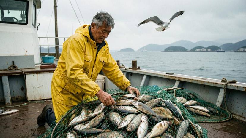 日本の漁師が混獲された魚を選別する船上の様子、持続可能な漁業改革の課題を象徴
