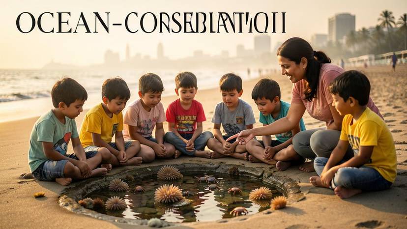 मुलांना महासागर संवर्धन शिकवताना पालक समुद्रकिनारी भरतीच्या खळग्यातील जीवन दाखवत आहेत