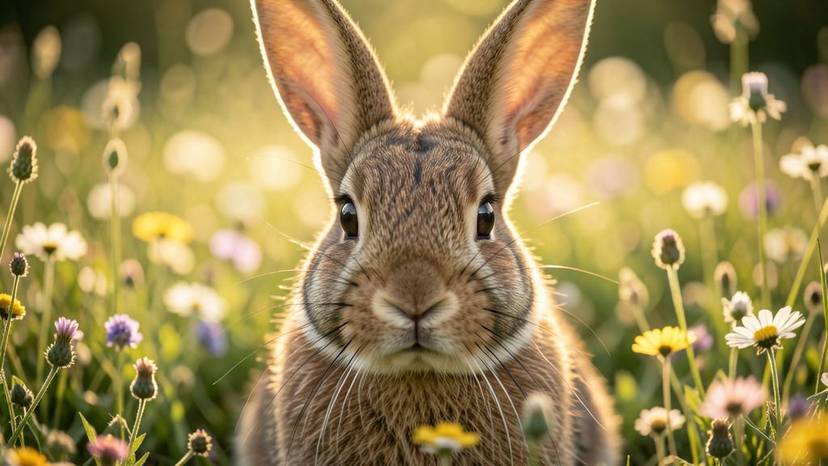 Intelligentes Kaninchen mit ausdrucksvollen Augen in einer Wiese – Symbol für Tierbewusstsein und Schutzbedürftigkeit