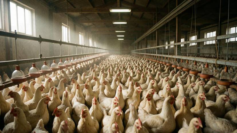 Intensieve pluimveehouderij in Nederland met dicht op elkaar gepakte kippen, een broedplaats voor vogelgriep en antibioticaresistentie.