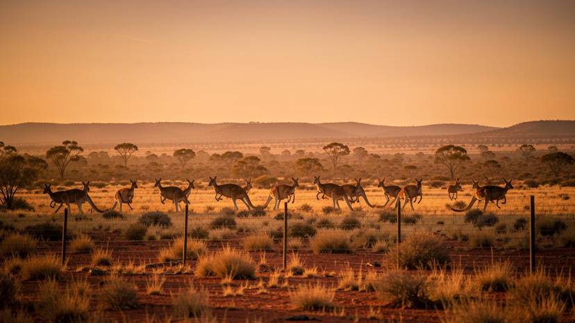 Känguru-Keulung Australien: Wilde Kängurus in der Dämmerung am Zaun im Outback, Symbol für die umstrittene Keulungspraxis