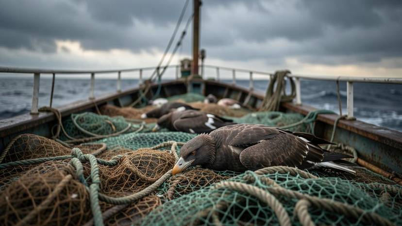 Промислове рибальське судно в Чорному морі з приловом морських птахів на палубі