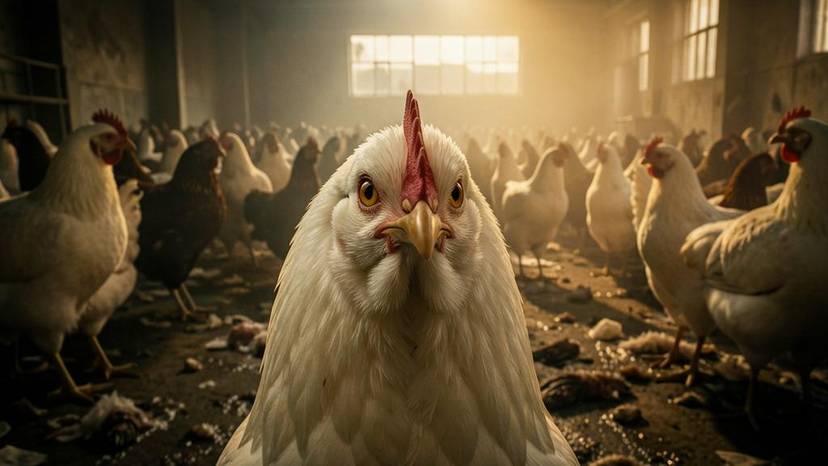 مرغ گوشتی در مزرعه صنعتی شلوغ و تاریک با تراکم بالا و بستر کثیف در ایران