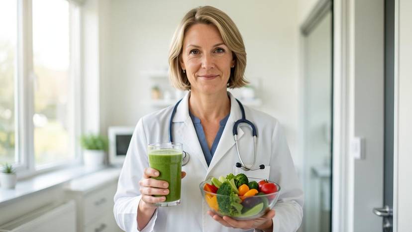 Plantaardige voeding diëtist met groene smoothie en groenten in Nederlandse kliniek