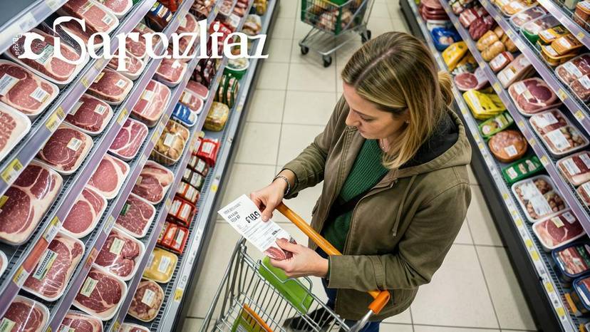 Shopper checking a meat price tag in a UK supermarket amid meat tax debate