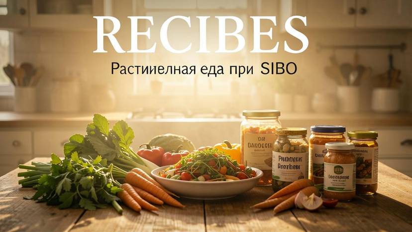 Растительная еда при SIBO: овощи, зелень и ферментированные продукты на кухонном столе