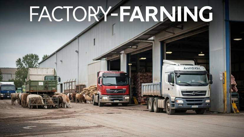 Abator industrial din România cu camioane de transport animale la poartă, ilustrând lanțul de aprovizionare cu carne