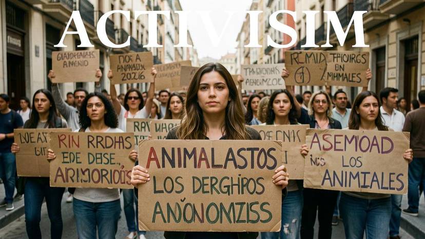 Activistas animalistas protestando en Madrid en 2026 con pancartas por los derechos animales