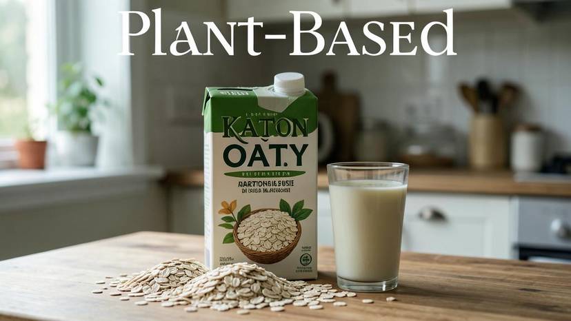 Karton susu oat Oatly di dapur Malaysia dengan oat segar dan segelas susu oat, ulasan produk vegan