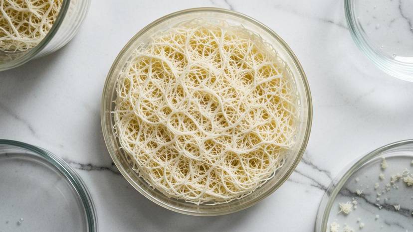 Mikoprotein örneği laboratuvar ortamında petri kabında fermentasyon sürecinde görülüyor, lifli miselyum yapısı net biçimde seçiliyor.