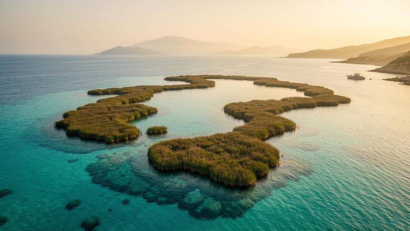 Vue aérienne d'une aire marine protégée en Méditerranée avec herbiers de posidonie et eaux turquoise