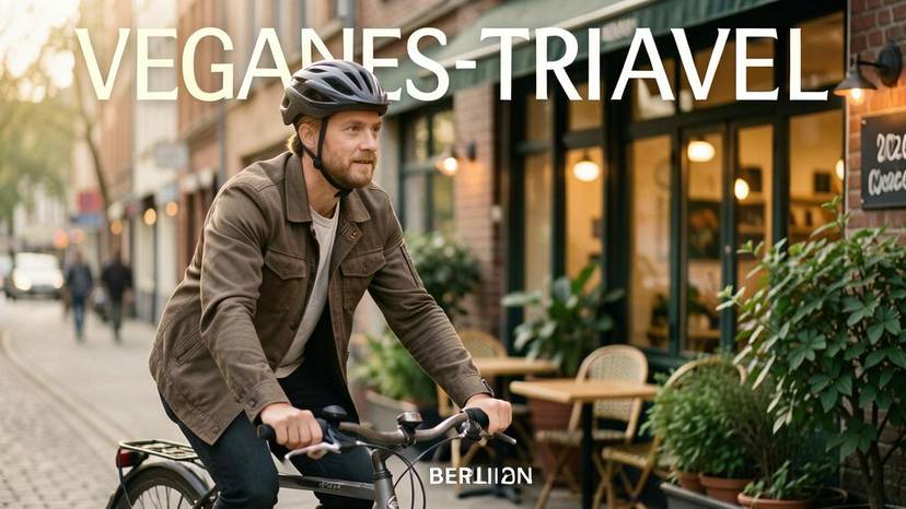 Veganes Reisen 2026 in Berlin: Radfahrer vor veganem Restaurant mit Grünpflanzen, nachhaltige Stadt