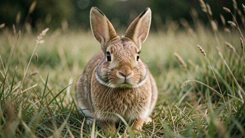 Intelligentes Kaninchen mit ausdrucksvollen Augen in einer Wiese – Symbol für Tierbewusstsein und Schutzbedürftigkeit